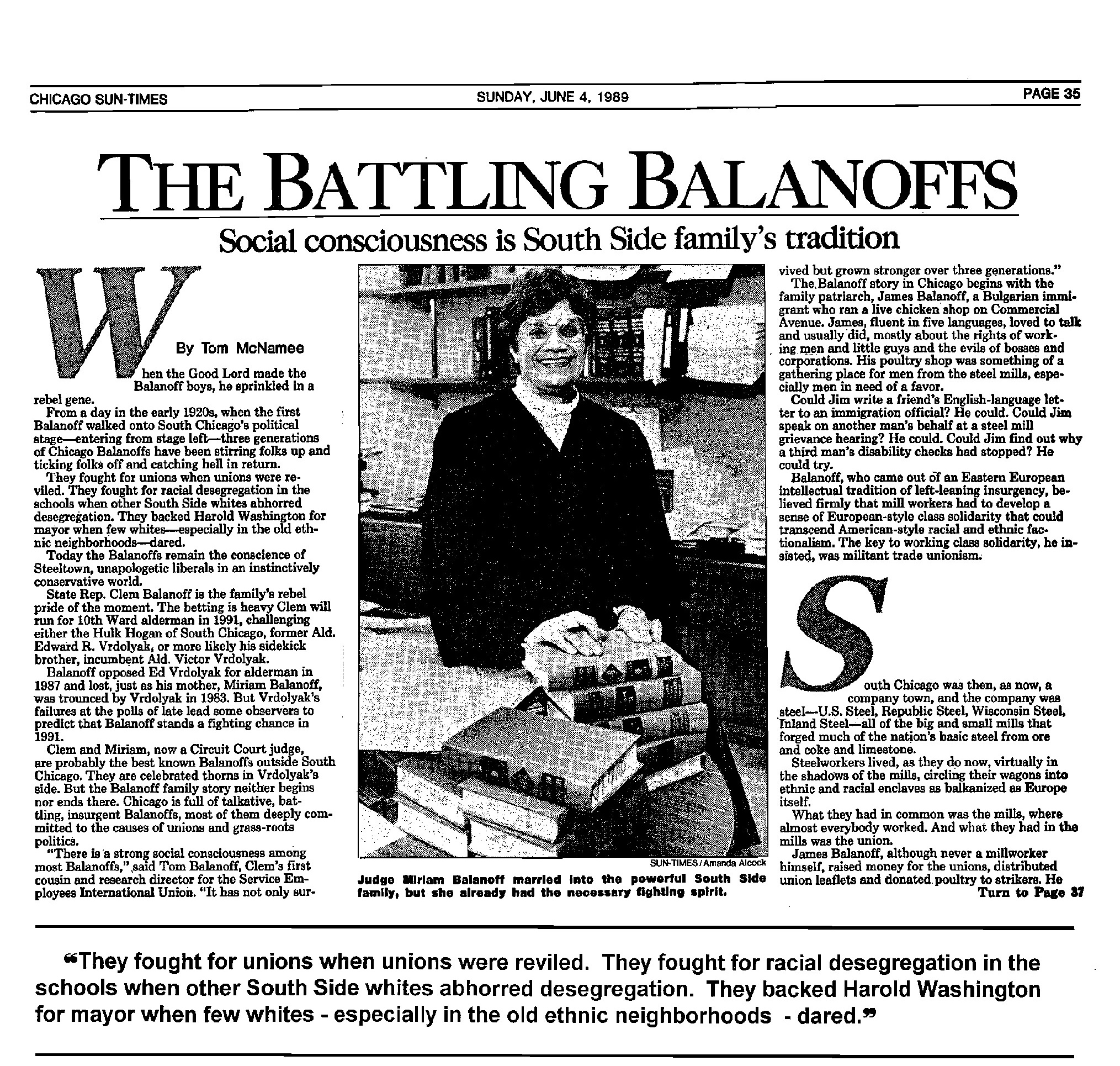 Chicago Sun-Times article, The Battling Balanoffs, June 4, 1989, page one