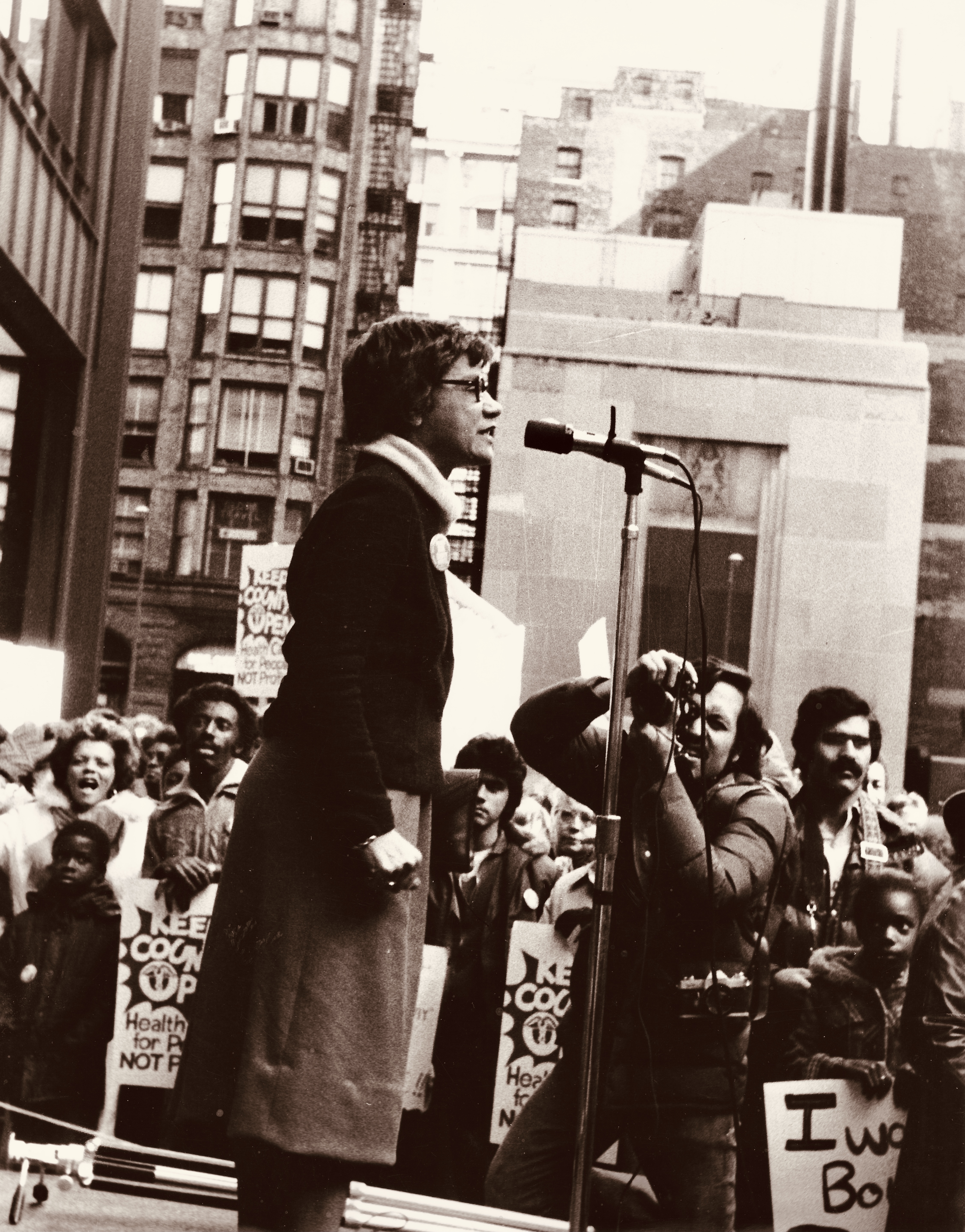Miriam Balanoff speaking at a public rally to keep Cook County Hospital open